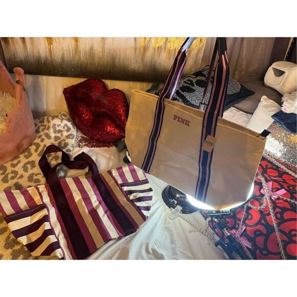 Victorias secret vS pink lot of 2x nwt canvas tote bags purse pocketbook - Picture 2 of 3